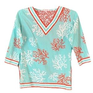 Barbara Gerwit Size S Blue Collar Vera 3/4 Sleeve V Neck Women’s Tropical Top